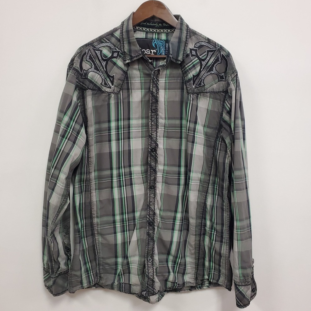 Roar Men Long Sleeve Button Up Rockabilly Embroidered Shirt Size XXL Gray Grunge